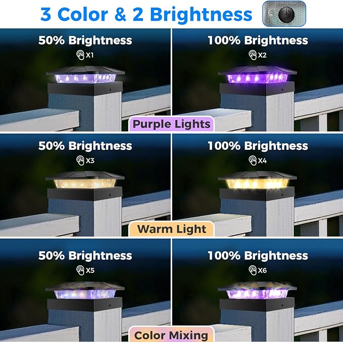 4x4 Solar Post Lights Outdoor, 4 Packs Purple & Warm White LED Fence Caps Light Waterproof, Wood & Vinyl Post Top Lighting for Deck Mailbox Railing Porch Outside