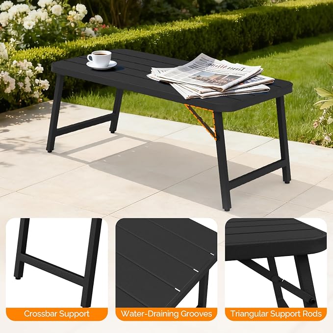 VINGLI Outdoor Folding Coffee Table, Rectangle Drainable Iron Patio Table for Balcony, Porch, and Living Room, Black