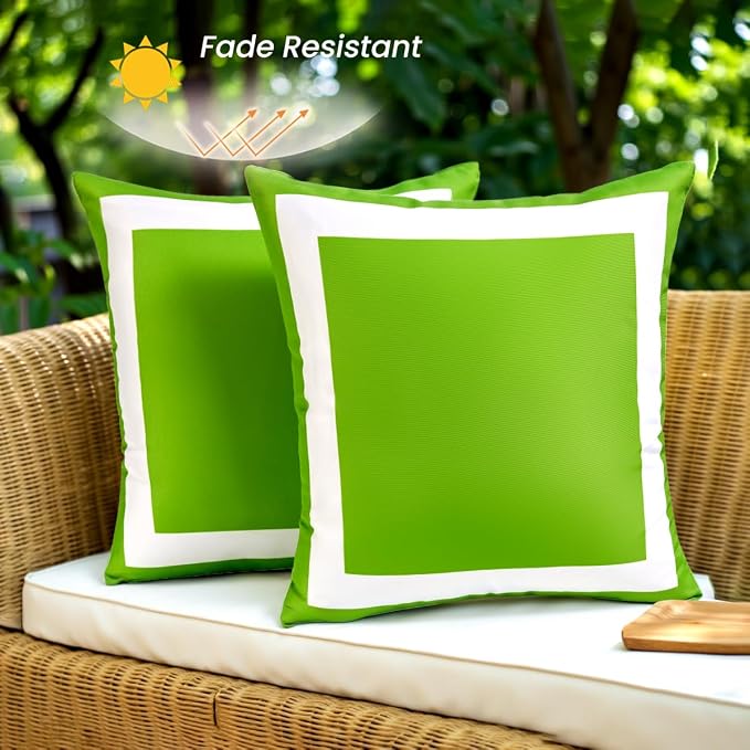 JOJOGOGO 18x18 Apple Green Outdoor Throw Pillow Covers Waterproof and Sunproof Set of 2, White and Green Outdoor Decorative Throw Pillows for Patio Furniture and Porch Decor(Without Inserts)
