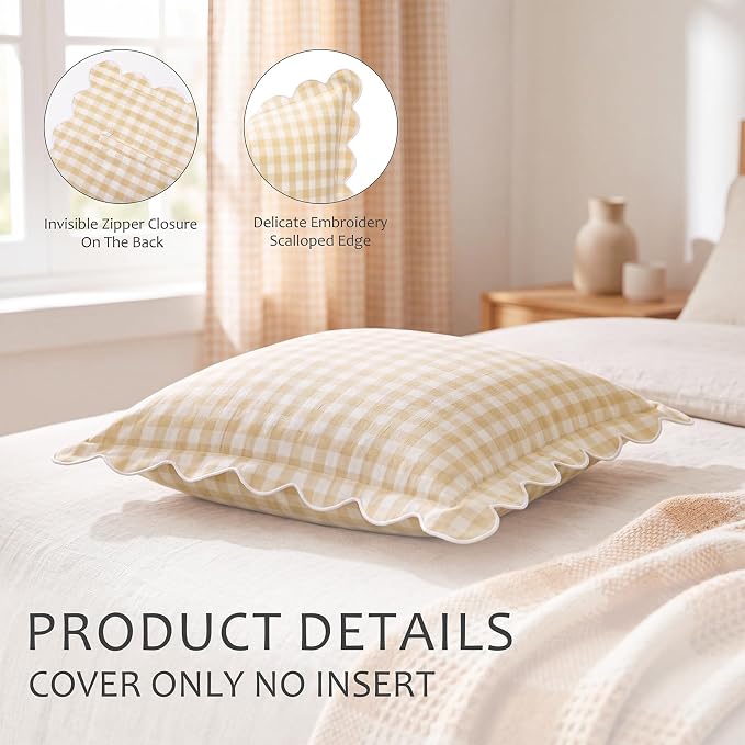 Gingham Scalloped Throw Pillow Cover 20"x20",Beige
