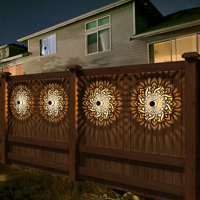 gardencave 2 Pack Solar Fence Lights Metal Solar Powered Outdoor Deck Step Wall Lights Mandala Theme Waterproof Fence Light for Garden Post Patio Backyard Yard Decor (2 Pack)
