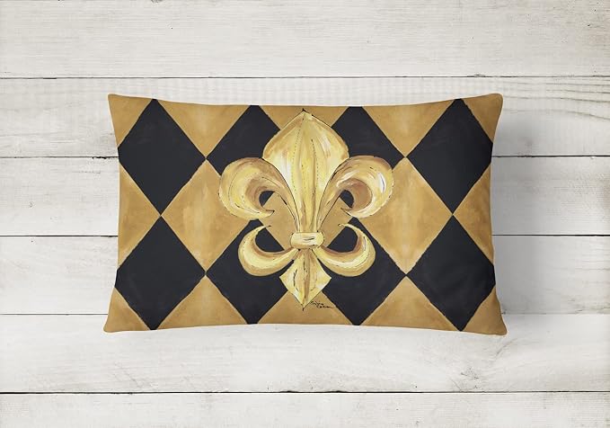 Caroline's Treasures 8125PW1216 Black and Gold Fleur de lis New Orleans Canvas Fabric Decorative Pillow Machine Washable, Indoor Outdoor Decorative Pillow for Couch, Bed or Patio, 12HX16W