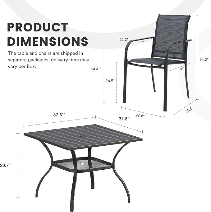 5 Pieces Patio Dining Set, 38" Square Dining Table with Umbrella Hole, 4 Stackable Textilene Fabric Chairs, Metal Structure for Patio, Porch, Garden(Black Table, Grey Chair)