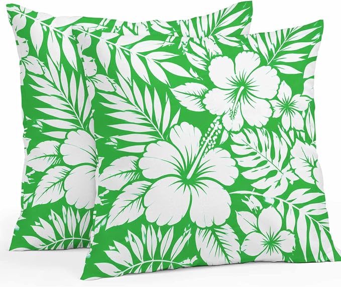 Green Hibiscus Flowers Waterproof Outdoor Pillow Covers Set of 2 Home Decor, Tropical Monstera Leaves Pillowcase Patio Pillow Covers for Couch Bench Patio Furniture Garden 26x26in