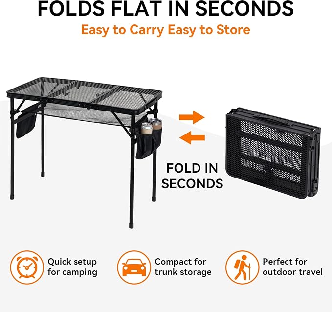 3Ft Foldable Grill Table for Camping, Portable Metal Mesh BBQTable with Dual Side Storage Bags, Lightweight Folding Outdoor Cooking Table for Picnic, RV Travel, Beach & Backyard BBQ
