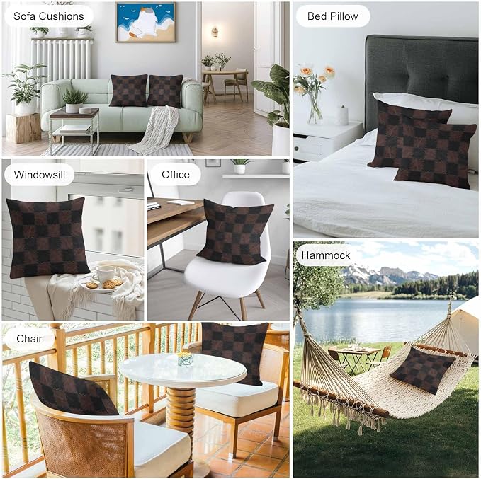 Black Brown Checkered Outdoor Pillow Covers 26x26 Inch Throw Pillow Covers Set of 2 Waterproof Decorative Pillow Cases Modern Farmhouse Plaid Wooden Cushion Covers for Patio Furniture Garden Couch