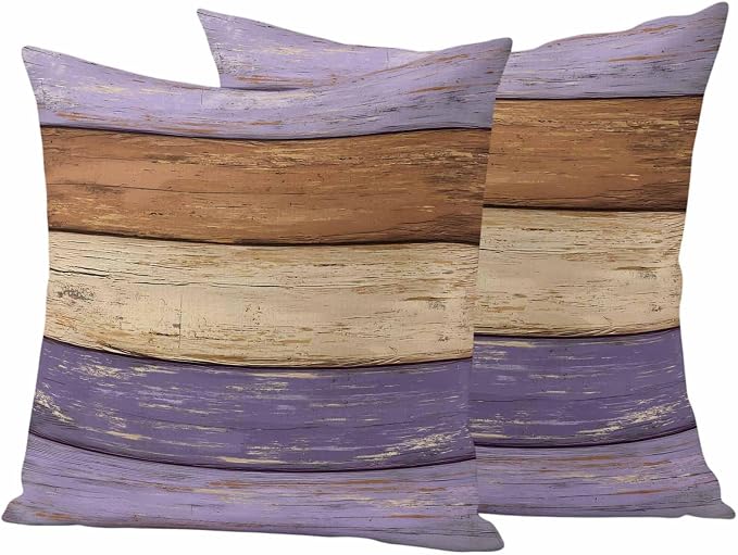 Farmhouse Purple Brown Outdoor Waterproof Pillow Covers, Vintage Wooden Striped Decorative Square Throw Pillowcase Sofa Cushion Sham for Patio/Couch/Chair, 26"x26" 2 Pack