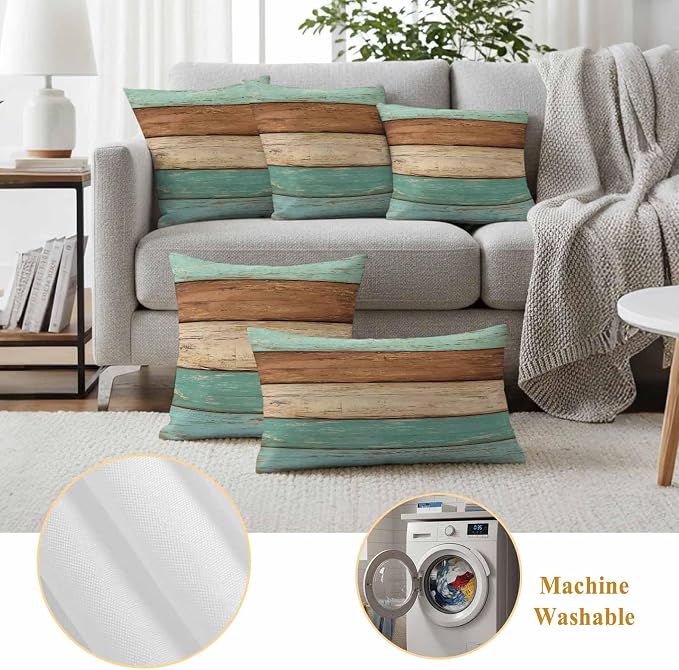 Farmhouse Teal Blue Brown Outdoor Waterproof Pillow Covers, Vintage Wooden Striped Decorative Square Throw Pillowcase Sofa Cushion Sham for Patio/Couch/Chair, 20"x20" 2 Pack