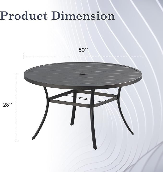 Outdoor Dining Table for 6, 50" Round Outdoor Table with Adjustable Umbrella Hole, All-Weather Metal Patio Dining Table for Lawn Garden Backyard Deck, Black