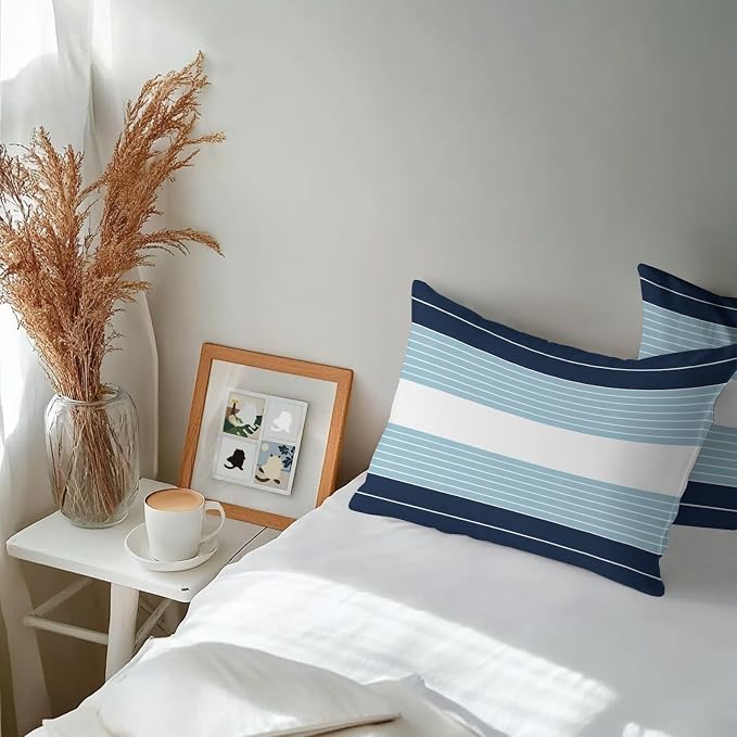 Navy Blue Aqua Stripe Outdoor Pillow Covers Waterproof, All Weather Cushion Case Set of 2, Modern Art Horizontal Striped Lumbar Pillowcase for Sofa Couch Bed Decor Patio Furniture 20"x12"