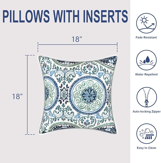 Outdoor Throw Pillows Inners, Fade Resistant Patio Furniture Square Pillows with Piping Set of 2 for Patio Furniture, 18x18 Inch, Celadon Wreath