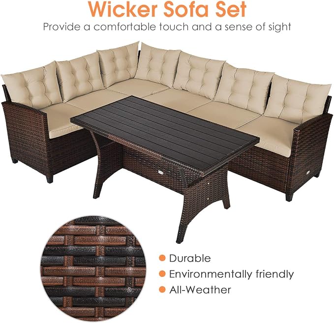 HAPPYGRILL 3-Piece Outdoor Patio Furniture Set Rattan Wicker Sofa Set with Seat & Back Cushions, Manual Weaving Conversation Set with Coffee Table for Patio Garden Backyard