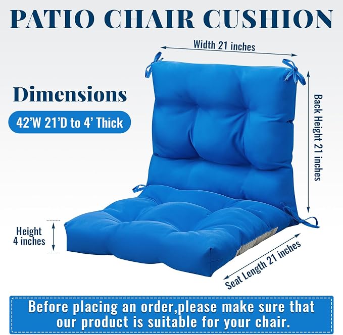 Marsui Outdoor Indoor High Back Chair Cushions Patio Furniture Tufted Pillow with Ties Water-Resistant Replacement Outdoor Rocking Chair Cushions, 42 x 21 Inches(Blue)