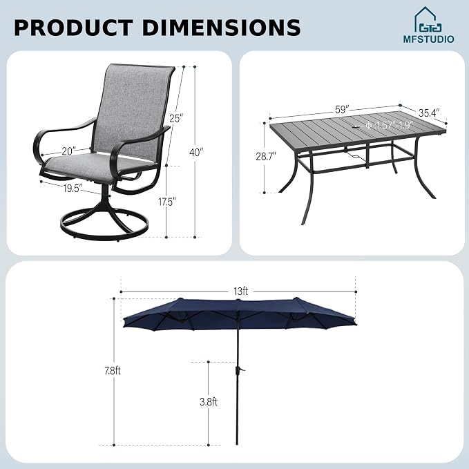 MFSTUDIO Outdoor Dining Set for 6, Patio Furniture Set with Navy Umbrella (Base not Included), Outdoor Metal Table and Light Grey Swivel Chairs Set for Patio, Deck, Backyard, Garden