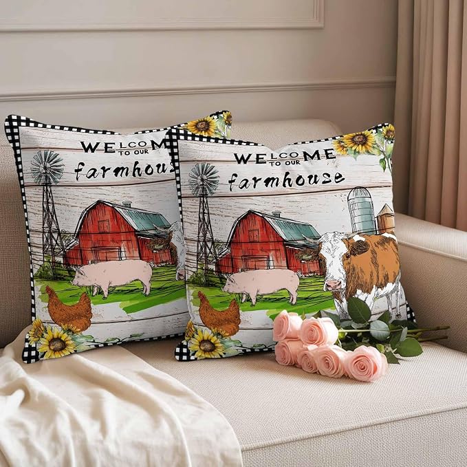 Outdoor Waterproof Pillow Covers 18x18Inch Farmhouse Animal Barn Chicken Pig Cow Throw Pillowcases for Patio Garden Couch Sofa Retro Wood Grain Farm Scene Decorative Cushin Case,Pack of 2