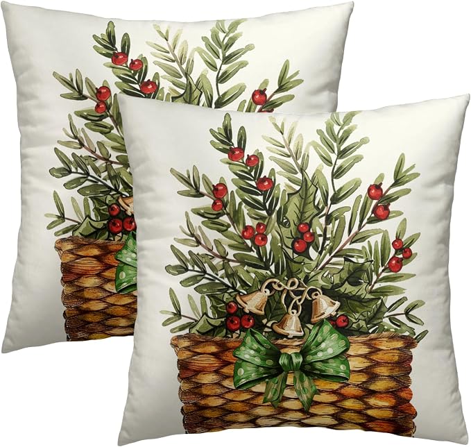 Winter Farmhouse Throw Pillow Covers Set of 2, 18x18 Inch Holiday Pine and Red Berries Bouquet Basket Square Pillowcases for Living Room Bedroom Sofa Couch Festive Season Decor