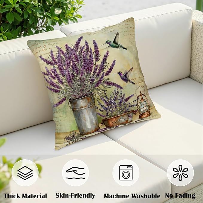 Lavender Pillow Covers Purple Flower Rustic Pillow Covers 16x16 Set of 2 Lavender Hummingbird Pillow Case Spring Vintage Cotton Linen Cushion Case for Garden Farmhouse Patio