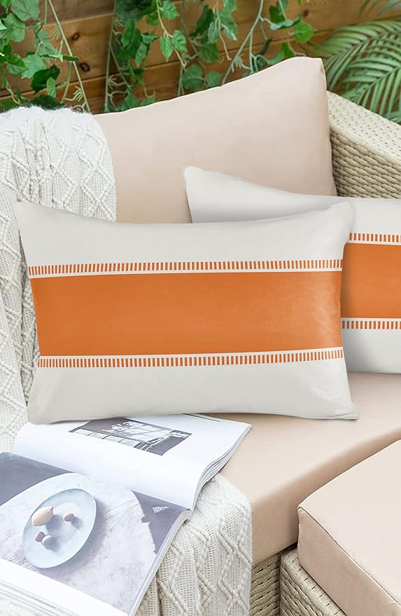 Outdoor Waterproof Throw Pillow Covers 20 x 12 Inches Set of 2 Orange White Stripes Minimalist Simple Pattern Decorative Cushion Cover Pillowcase for Garden Patio Tent Beach Livingroom Sofa Couch