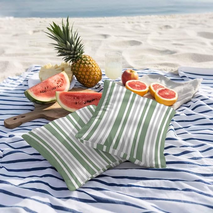 Sage Green Grey Stripe Outdoor Pillow Covers 24x24 Inch Throw Pillow Covers Set of 2 Waterproof Decorative Pillow Cases Farmhouse Minimalist Striped Cushion Covers for Patio Furniture Garden Couch