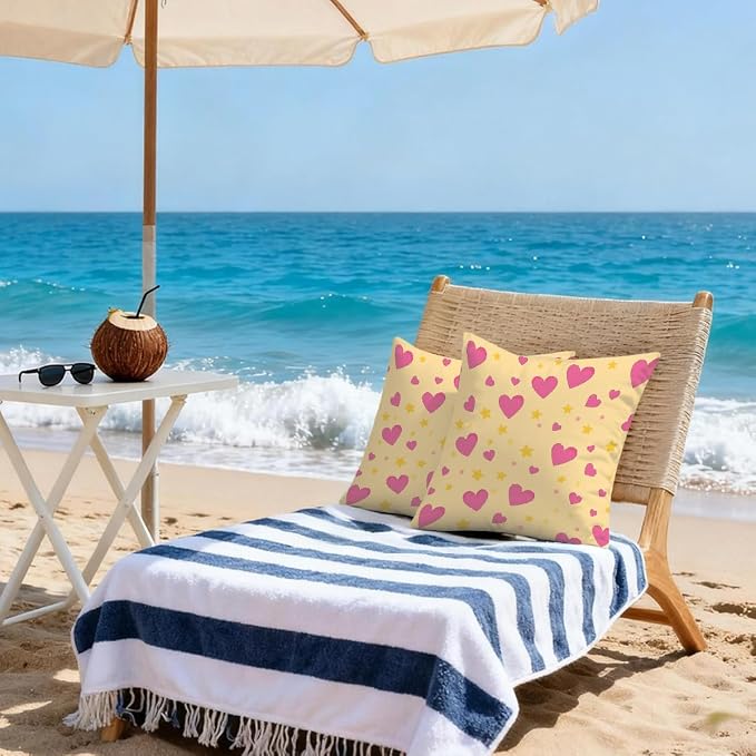 16x16 Inch Outdoor Pillow Covers Set of 2 Waterproof Throw Pillow Covers Decorative Couch Cushion Covers Pink Hearts Yellow Stars Square Pillowcases Protectors for Patio Garden Sofa