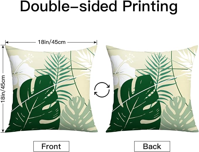 OTOSTAR Outdoor Waterproof Throw Pillow Covers 18x18 Inch Set of 2 Double-Sided Green Tropical Leaf and Flower Spring Summer Decorative Pillow Cases for Patio Funiture Garden Balcony Couch