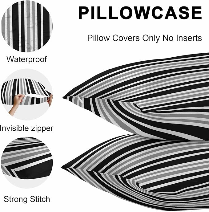 Black Grey Stripe Outdoor Pillow Covers 20x12 Inch Lumbar Pillow Covers Set of 2 Waterproof Decorative Throw Pillow Cases Farmhouse Minimalist Striped Cushion Covers for Patio Furniture Garden Couch