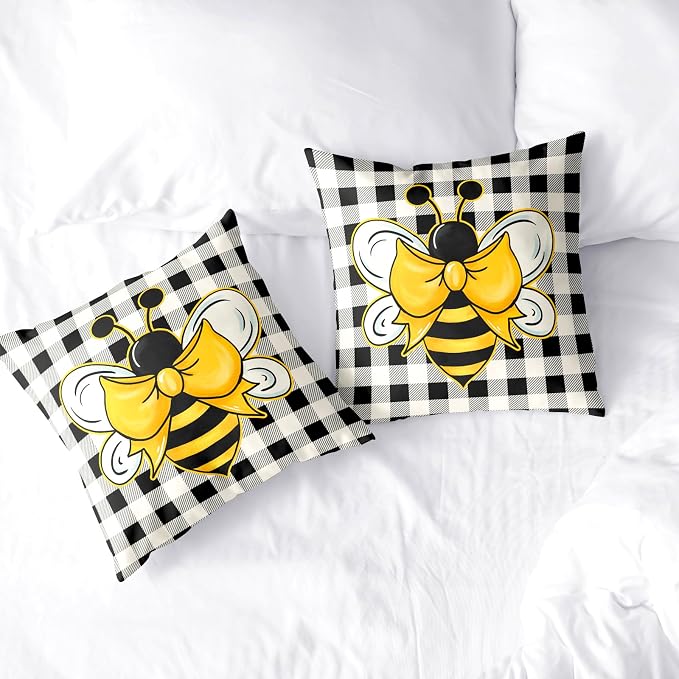 Bee Pillow Covers 16x16 Spring Summer Throw Pillow Covers Black and White Buffalo Plaid Throw Pillow Bee Decorations Home Decor for Indoors Couch Bed in 2 Pcs