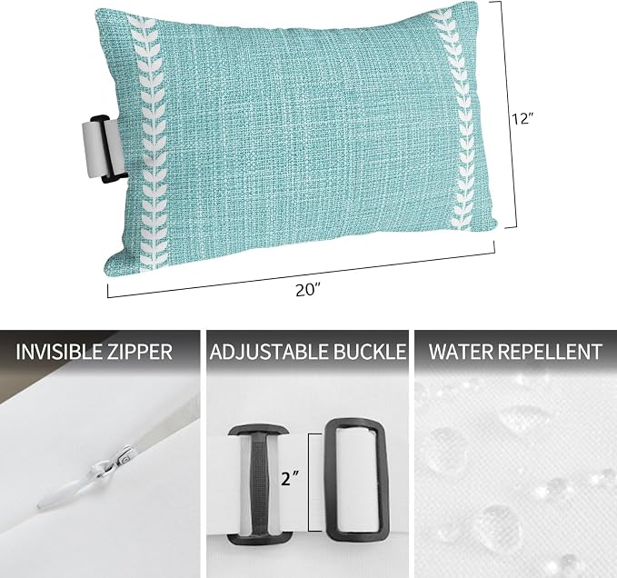 Bohemia Turquoise Outdoor Lumbar Pillows 12x20 Set of 2, Modern Simple White Striped Summer Waterproof Throw Pillow Covers with Insert, Decorative Support Pillows for Lounge, Chaise