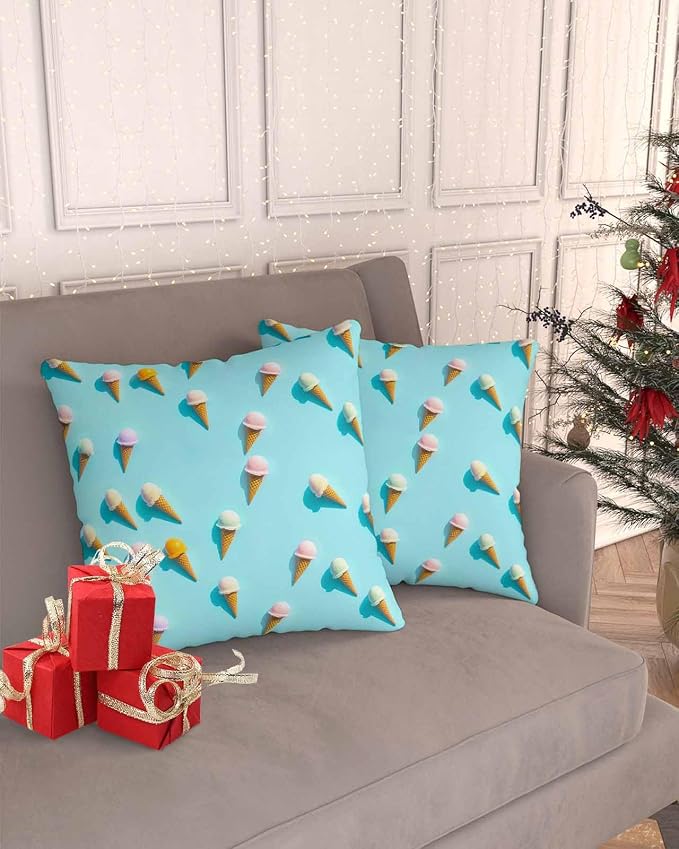 Outdoor Pillow Covers 20 x 20 Inches, Blue Ice Cream Waterproof Throw Pillow Cover Set of 2, Summer Colorful Ice Cream Home Decorative Square Cushion Covers for Patio/Tent/Couch/Garden