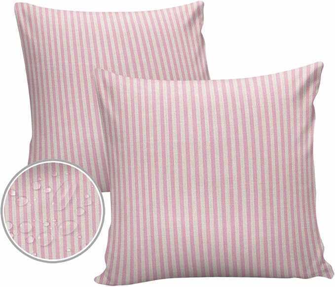 Outdoor Waterproof Throw Pillow Covers Set of 2 Pink Stripes Pillowcases 24x24 Inches Linen Classic Vertical Striped Patio Decorative Pillows Cushion Case Patio Pillows for Couch Bed Chair Garden