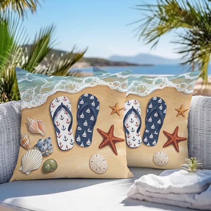 Blue Beige Seaside Outdoor Waterproof Throw Pillow Covers 20x20 Set of 2, Coastal Waves Starfish Summer Beach Nautical Decorative Pillowcases Cushion Pillowcase for Couch Sofa Patio Pillow Protector