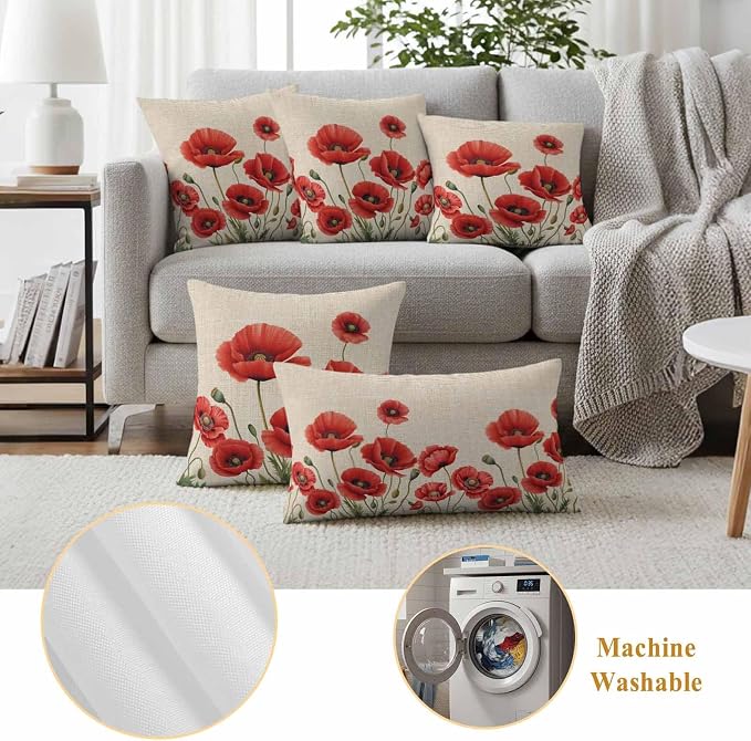 Flowers Outdoor Waterproof Throw Pillow Covers 18"x18" Set of 2, Red Opium Poppy Flowers Vintage Linen Decorative Garden Pillowcase with Zipper Cushion Case for Patio Couch Tent