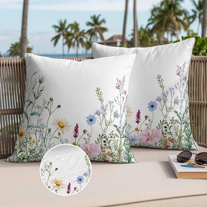Farms Wildflowers Outdoor Waterproof Throw Pillow Covers Set of 2, 20"x20", Herbs Countryside Watercolor Floral Leaf Decorative Pillow Covers Outside Cushion Case for Patio Porch Garden