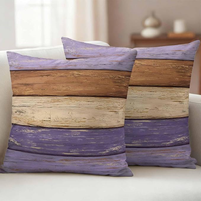 Farmhouse Purple Brown Outdoor Waterproof Pillow Covers, Vintage Wooden Striped Decorative Square Throw Pillowcase Sofa Cushion Sham for Patio/Couch/Chair, 26"x26" 2 Pack
