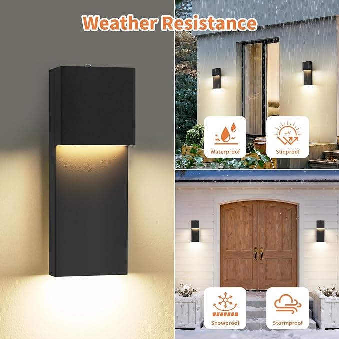 15'' Modern LED Outdoor Wall Sconce, Black Dusk to Dawn Wall Lights | Auto ON-OFF, Waterproof Exterior House Lights, Hardwired Front Porch Light Fixtures, Metal, 3000K, 2 Pack, Easy to Install