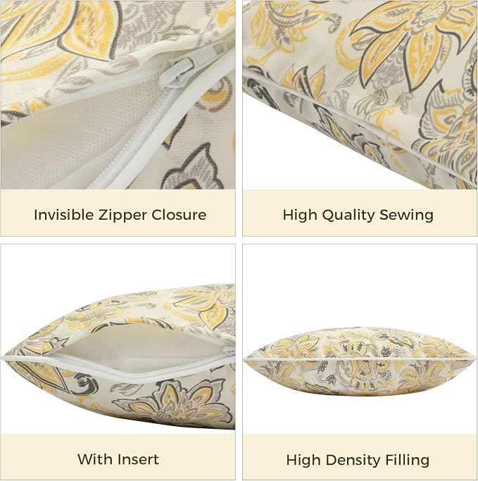FUNHOME Outdoor Lumbar Pillows 12x20 inch,Decorative Throw Pillow Set of 2 with Insert,Water Resistant Headrests for Patio Furniture Sofa Couch Chair(Yellow Flower)