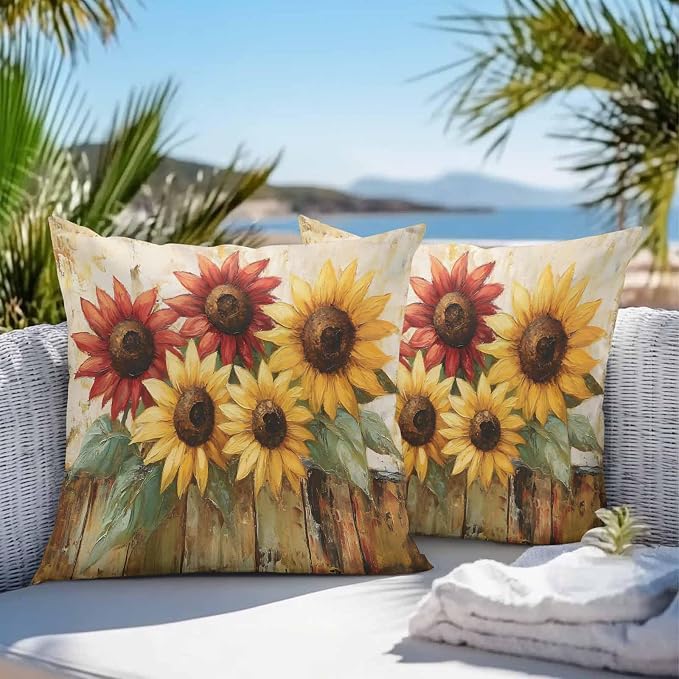 Retro Farmhouse Red Yellow Sunflower Outdoor Pillow Covers 16x16in Pack of 2 Waterproof Pillowcase Vintage Rustic Wood Floral Decorative Throw Cushion Case for Patio Couch Sofa
