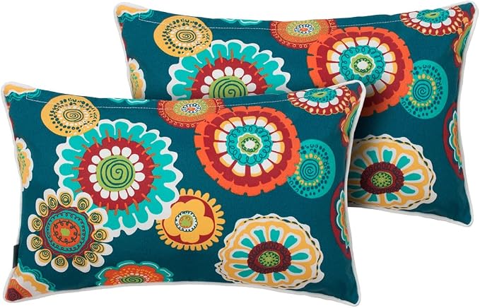 Magpie Fabrics Pack of 2 Outdoor Waterproof Lumbar Rectangular Throw Pillow with Insert 12x20 Inch, Home Decorative Toss Cushion for Patio Garden Car Office (Heronsbill Turquoise Green)