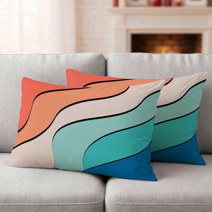 Orange Teal Ombre Outdoor Pillow Covers 20x12 Inch Lumbar Pillow Covers Set of 2 Waterproof Decorative Throw Pillow Cases Modern Moire Abstract Art Cushion Covers for Patio Furniture Garden Couch Sofa