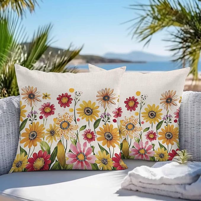 Yellow Red Spring Floral Outdoor Waterproof Throw Pillow Covers 18x18 Set of 2, Pastoral Summer Flower Rustic Decorative Pillowcases Cushion Pillowcase for Couch Sofa Patio Outside Pillow Protector