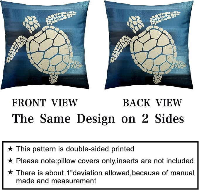 Marine Turtle Couch Pillow Covers 22x22 Pack of 2 Mediterranean Style Pillowcases Sea Animal Cushion Cases Navy Blue Throw Pillow Case for Patio Sofa Bed Decor