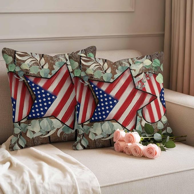 4th of July Waterproof Outdoor Pillow Covers Set of 2 Home Decor, Vintage Eucalyptus Leaf Stars Stripes Flag Pillowcase Patio Pillow Covers for Couch Bench Furniture Garden 26x26in