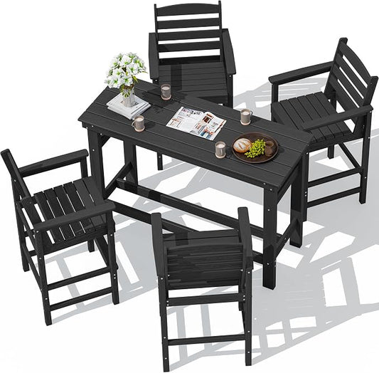 SERWALL Outdoor Bar Set - 4 Adirondack Bar Chairs & Bar Height Table with 1.6" Umbrella Hole, All-Weather HDPE Patio Furniture for Poolside, Backyard, Garden - Black