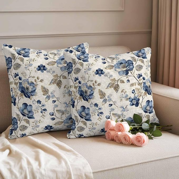 Blue Gray Waterproof Outdoor Pillow Covers 26''x26'' Set of 2, Vintage Botanical Patio Furniture Spring Florals Cushion Covers for Chairs, Decorative Farmhouse Pillow Cases for Garden/Pool/Beach