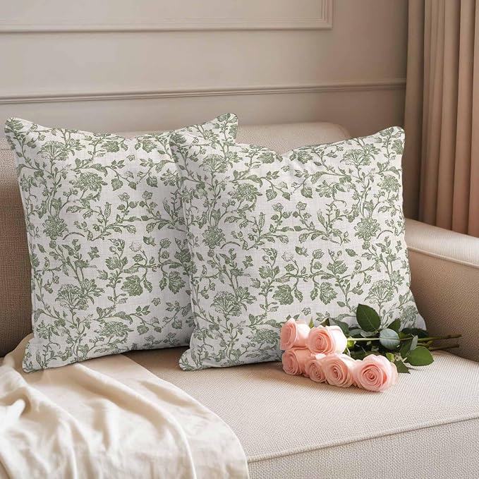 Pastoral Flowers Outdoor Pillow Covers 16"x16" Set of 2, Green Flower Vintage Linen Texture Waterproof Throw Pillow Covers for Patio Furniture, Decorative Cushion Covers for Porch