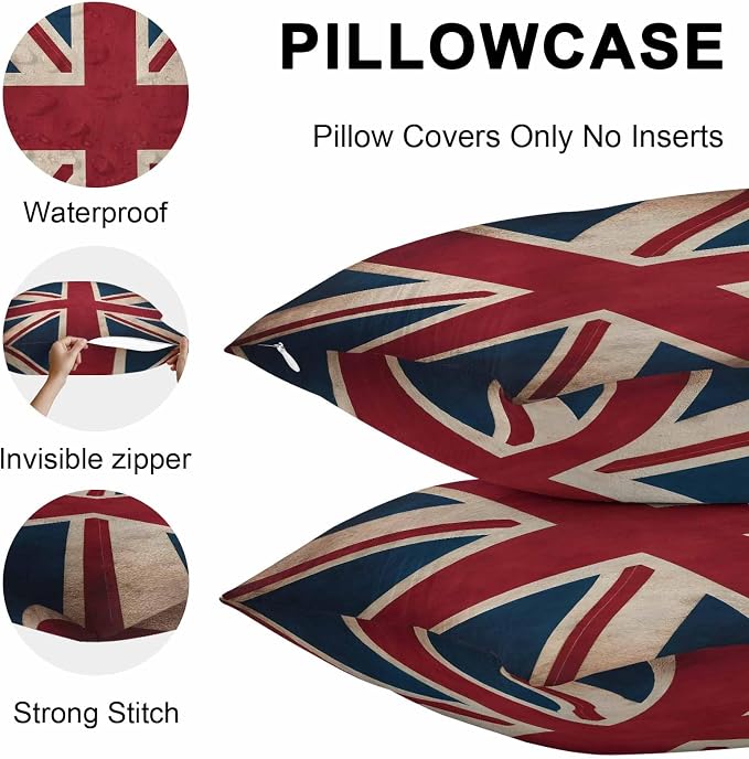 4th of July Outdoor Throw Pillows Covers 24x24 inch Set of 2 Waterproof British Flag Decorative Zippered Cushion Covers for Patio Furniture, Vintage National Flag Independence Day Lumbar Pillowcases