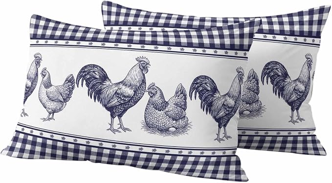 Navy Blue Rooster Outdoor Pillow Covers Waterproof, All Weather Cushion Case Set of 2, Vintage Farmhouse Blue Plaid Lumbar Pillowcase for Sofa Couch Bed Decor Patio Furniture 20"x12"