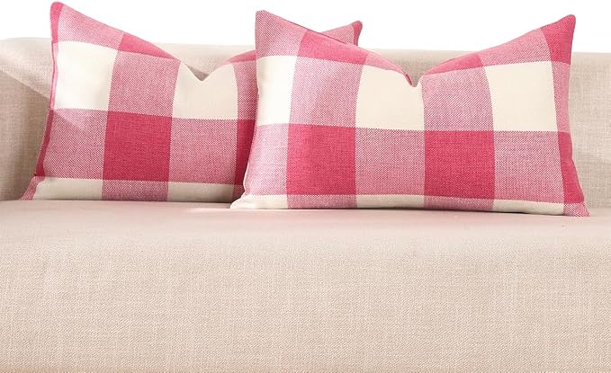 CARRIE HOME Light Pink Buffalo Plaid Lumbar Pillow Covers 12x20 Set of 2, Pink Checkered Pillow Covers 12 x 20 Outdoor Farmhouse Decor for Couch, Sofa and Patio