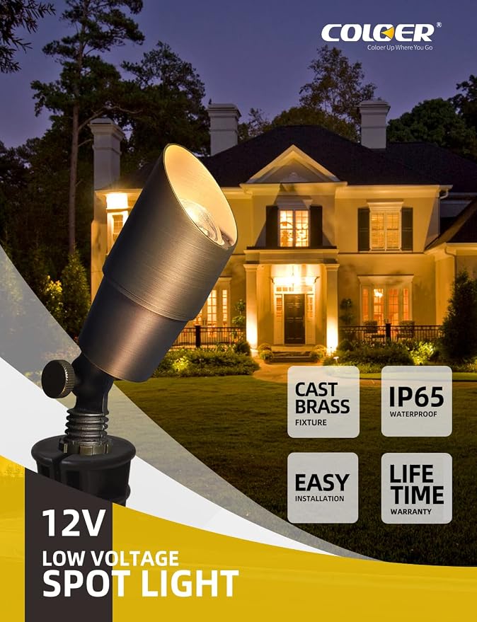 COLOER Brass Landscape Spotlights, 6 Pack Spot Lights Outdoor with 5W Aluminum Housing MR16 LED Bulb 2700K 450LM, 12V AC/DC Low Voltage Outdoor Lighting for Yard, Uplight for Garden and Patio(101B)