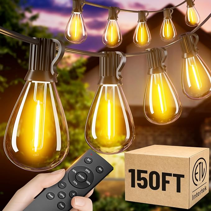 150FT Outdoor String Lights with Remote, Waterproof Patio Lights with 55+2 Shatterproof LED Bulbs,Dimmable Hanging Decor for Backyard Garden Porch Bistro, Timer & 3 Modes,2700K Warm White